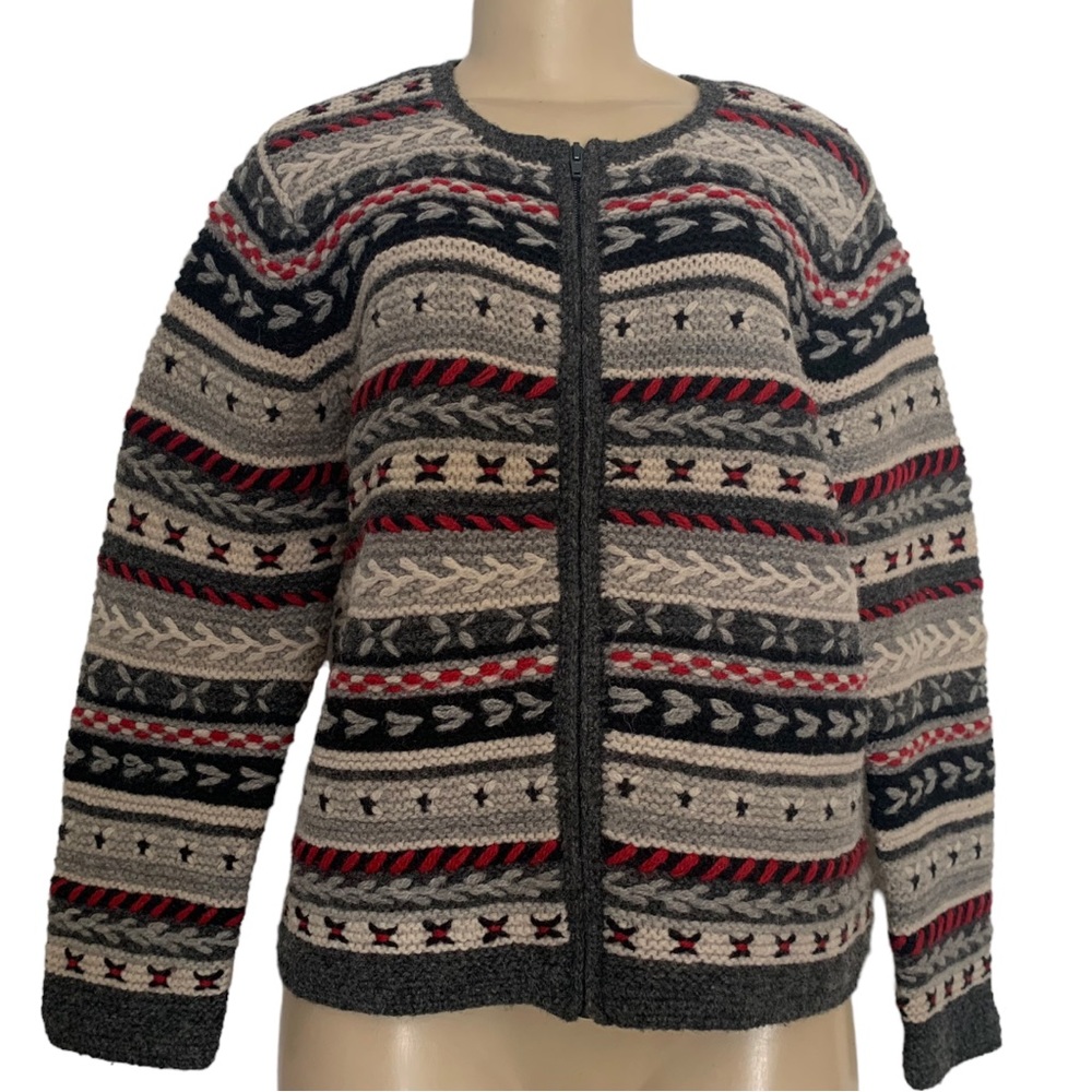 💯% Wool Talbots Petite Nordic Grandpacore Cardigan Zip Knit Sweater Jacket